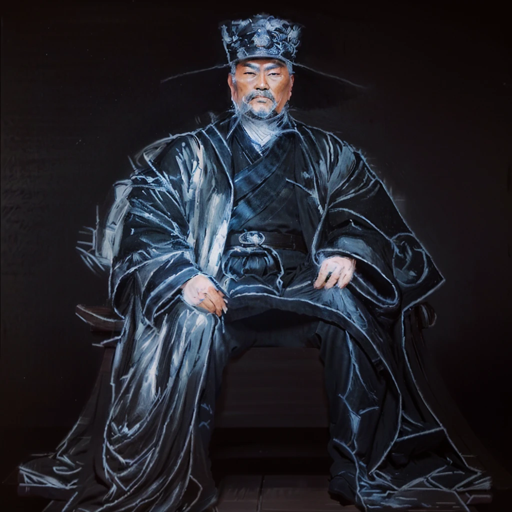 a drawing of a man sitting on a bench with a hat on, by Xuande Emperor, white ink sketch on black paper, inspired by Dong Yuan, inspired by Zhang Sengyao, inspired by Li Cheng, inspired by Xuande Emperor, inspired by Ma Shi, inspired by Wang Meng, inspired by Tawaraya Sōtatsu, portrait of emperor of mankind