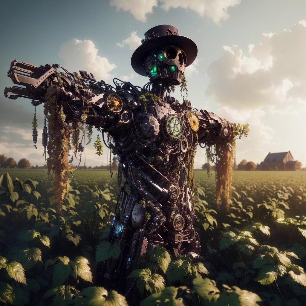 arafed scarecrow in a field of green plants with a sky background, mechanical vegetal cyborg, powerful male scarecrow, organic cyborg, inspired by Mike Winkelmann, digital steampunk art, greg rutkowski. octane render, steampunk automaton, fantasy style 8 k octane render, amazing octane render, intricate artwork. octane render, scarecrow, surrealism 8k, digital art render