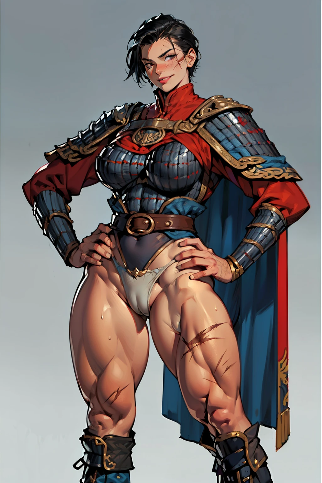 (high resolution, pixel perfect, gorgeous illustrations), (hyper quality, muste piece, etheric: 1.4), (((cowboy shot))), ((1girl)), (female savage), woman, bitch, (((hand on hip, open stance))), cool atmosphere, black hair, (((((very short hair, slicked_back_hair))))), Exquisite face, ((evil grin)), blush, (((((((muscular_female))))))), (thick thighs, wide hips, Big breasts that are about to burst), fighter, ((wh_chi_armor)), (waist-cape armor), ((leotard armor)), (((((cameltoe))))), high heel boots, (((scars on body))), shiny skin, gleaming skin, sweat, simple background,