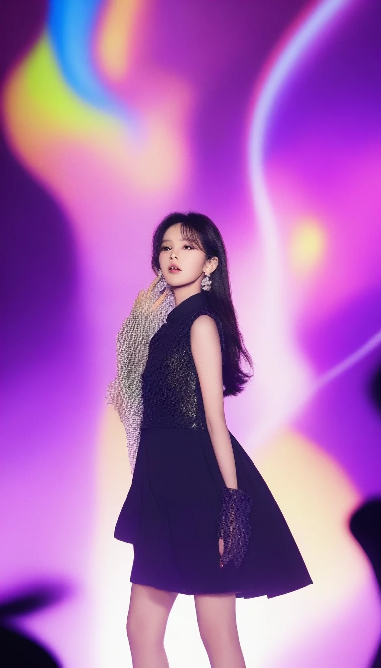 Chanmina performing on a glamorous stage。She is wearing stylish street fashion、The background features colorful lighting and an energetic crowd.。Chanmina's expression is full of confidence.、Holding a microphone。