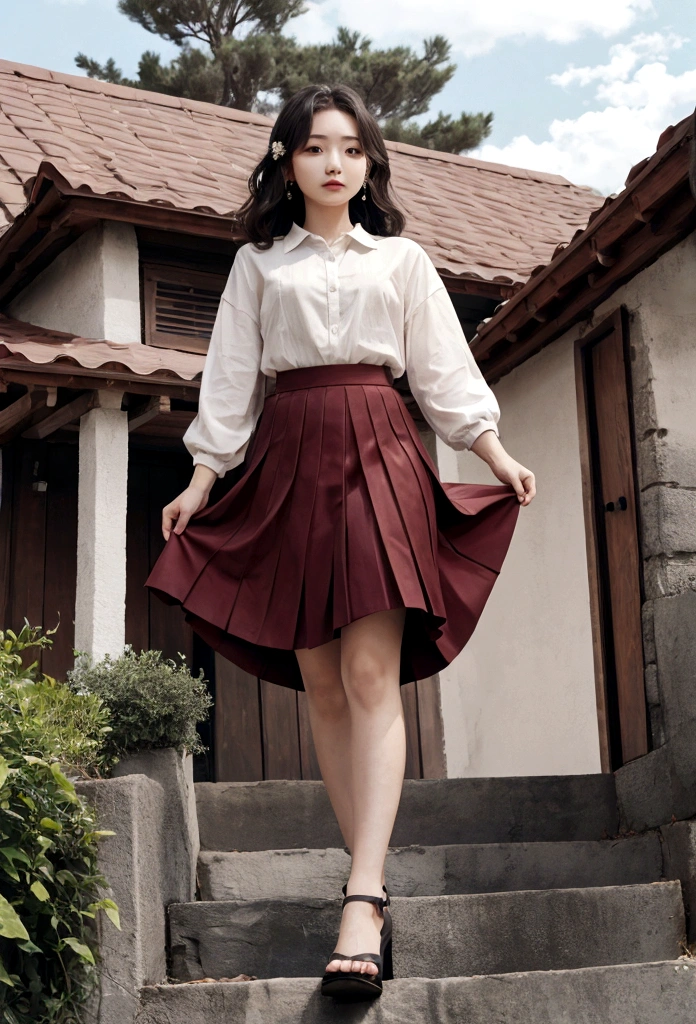 Girl in a beautiful skirt, Houses.