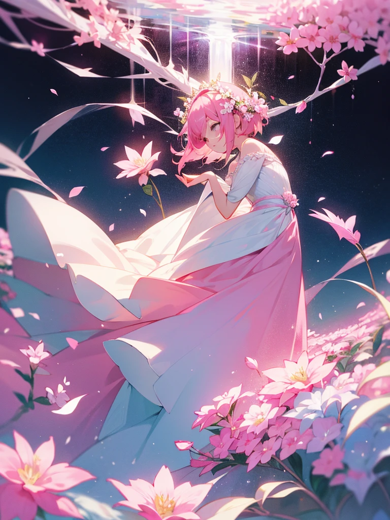 Pink hair, short hair, pink long dress, flower crown, blizzard of flowers, god of light