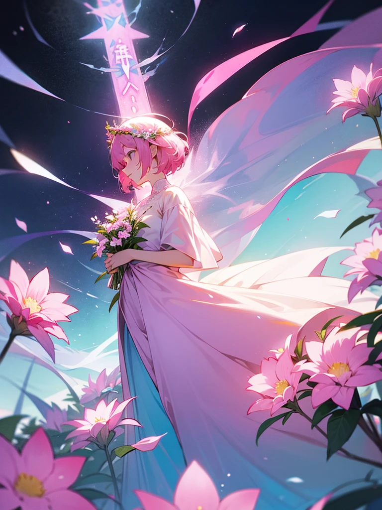 Pink hair, short hair, pink long dress, flower crown, blizzard of flowers, god of light