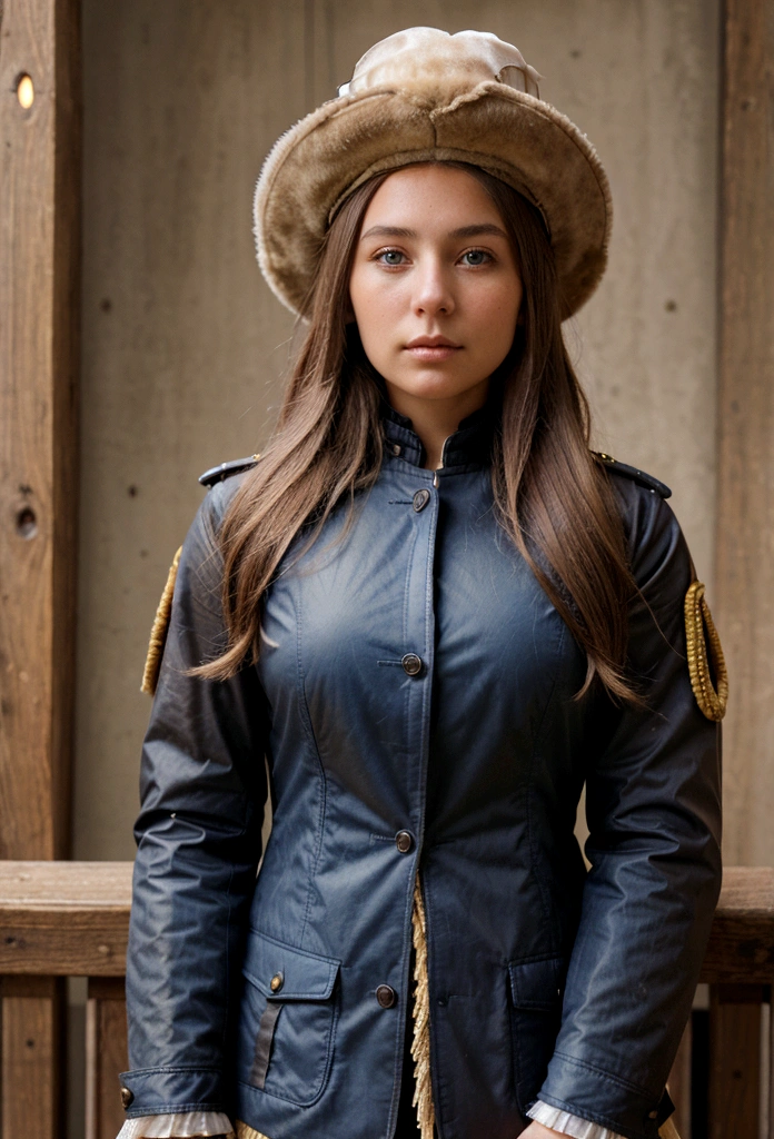 Young woman, dark blonde hair, brown eyes. She lives in 1899. She wears a feathered hat of a general in the 7th Cavalry US Army. Her jacket is blue brown.