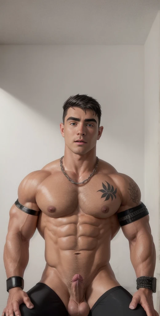 (masterpiece, intricately detailed, highest resolution, best quality:1.2), (doujin), a cocky Ben Tennyson fitness model, a 24 y.o muscle stud with a muscular physique sitting on a chair with black eyes,full-body tattoo, dark-skinned male, clean shaven, wearing a ((open jacket, big chains, chav, armbands)), ((excessive cum)) ((cum on body)) (cum drip), flaccid penis,saggy balls,hairy chest,vascular,muscle striations,soft light,fantastic realism, ((colth))