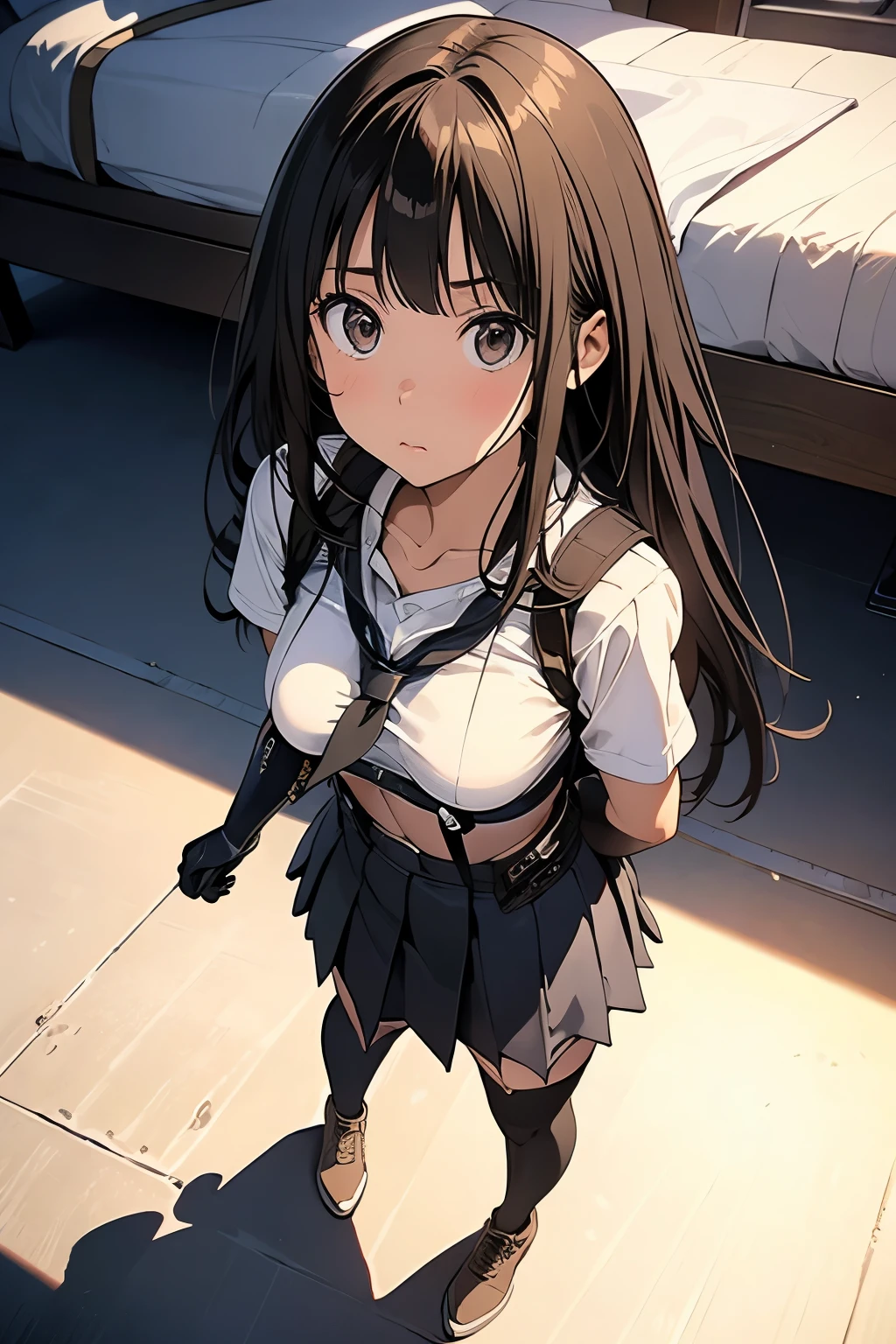 high quality, masterpiece, Ultra-high resolution, (realism: 1.4), Oil painting style, Cinema Lighting, , I stood on the empty asphalt road and looked at it., And the suspenders with the cranes flying　　Large Breasts　 　 　　　　Small face　 　　　holster　　　　　　　 Lying in bed　Looking up　　　　Sweat 　　　belt　summer　脇Sweat 　Black Hole Gloves　suit　　　　 mini skirt　garterbelt　Leg Links　ズボンにbelt　　holster　 　　Hands behind your back　 Anxious expression　Looking up　Anxious face　Knee-high　Knee socks　Knee-highソックス garterbelt　garter　ふとももにgarterbelt