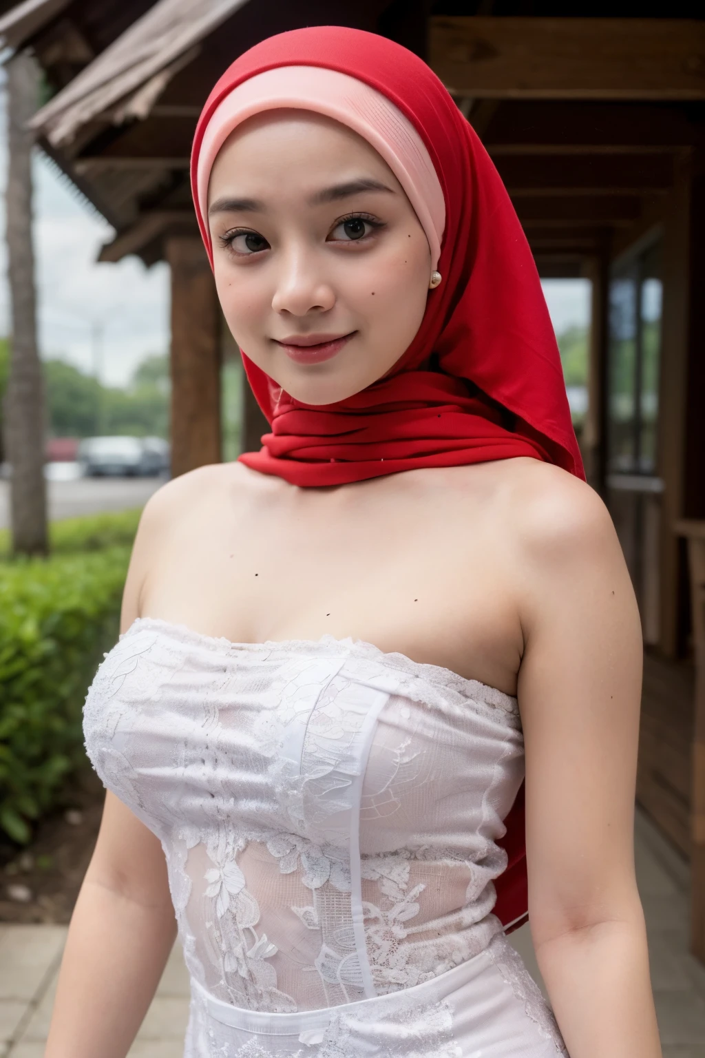 (BOKEH), LOCATED IN KUALA LUMPUR TWIN TOWER,(Old Lady:1.7), Transparent transparency, (peach Chubby TIGHT Strapless Dress), adorable, 1 girl, (face to face), , baby face, happy, medium body portrait, (face details: 1), (eye details:1), ((big breasts)). wearing transparent transparency long shirt, .. Cute posed. proportional body. Ultra High Res. realistic: 1.4, UHD, tudung jilbab , lace