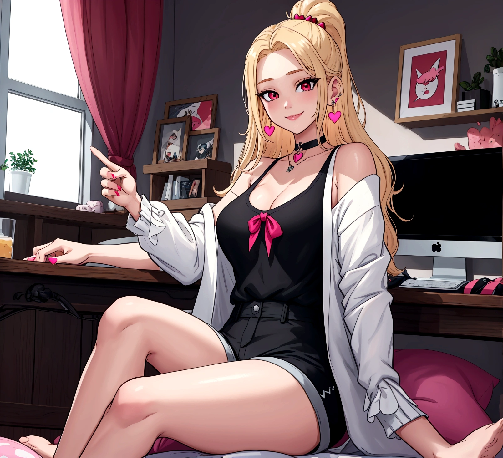 ((최고의 품질)), ((걸작)), (상세한), 여자 1명, Create an anime-style digital artwork of a character with long, straight, sleek blonde hair and bright red eyes. The character is wearing a white cardigan over a black tank top and dolphin shorts. She is accessorized with a pink heart pendant choker and long, decorative earrings. Her hair features a red heart hairpin on the side. The character is sitting in her room in front of a desktop computer, smiling warmly. The background should show a cozy room with soft lighting, with elements like a computer desk, monitor, and some personal items scattered around. The overall mood should be relaxed and inviting, capturing the essence of a casual day indoors.shiny forehead,slicked-back hair, forehead