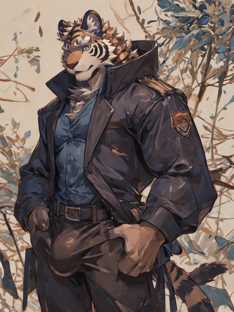 {{bara extremely handsome white tiger,}} {{white fur,}} white, wearing elegant ornate suit jacket, trousers, white dress shirt and necktie, white fluffy furry body and limbs, loafers, very tall, very broad shoulders, narrow waist, muscular arms, massive pecs, purple eyes, very long legs, massive bulge, sophisticated hot look, full body, 3/4 view, best quality, high quality, silver earring on left ear, sultry smirk, multiple views, character sheet