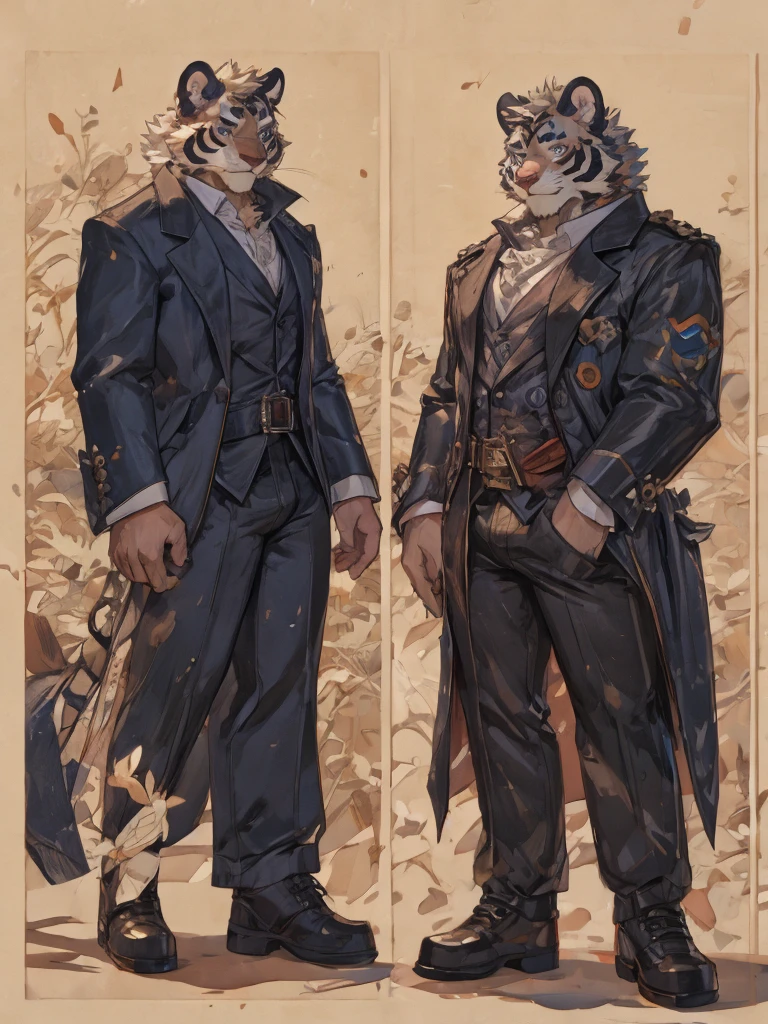 {{bara extremely handsome white tiger,}} {{white fur,}} white, wearing elegant ornate suit jacket, trousers, white dress shirt and necktie, white fluffy furry body and limbs, loafers, very tall, very broad shoulders, narrow waist, muscular arms, massive pecs, purple eyes, very long legs, massive bulge, sophisticated hot look, full body, 3/4 view, best quality, high quality, silver earring on left ear, sultry smirk, multiple views, character sheet