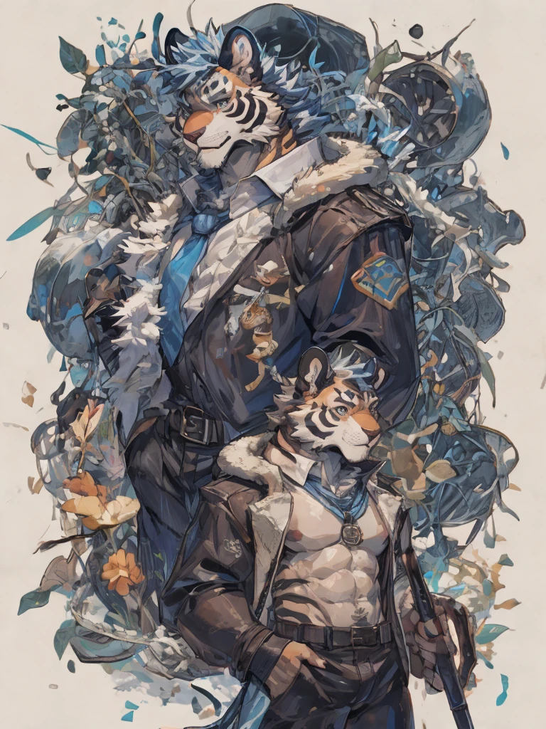 {{bara extremely handsome white tiger,}} {{white fur,}} white, wearing elegant ornate suit jacket, trousers, white dress shirt and necktie, white fluffy furry body and limbs, loafers, very tall, very broad shoulders, narrow waist, muscular arms, massive pecs, purple eyes, very long legs, massive bulge, sophisticated hot look, full body, 3/4 view, best quality, high quality, silver earring on left ear, sultry smirk, multiple views, character sheet
