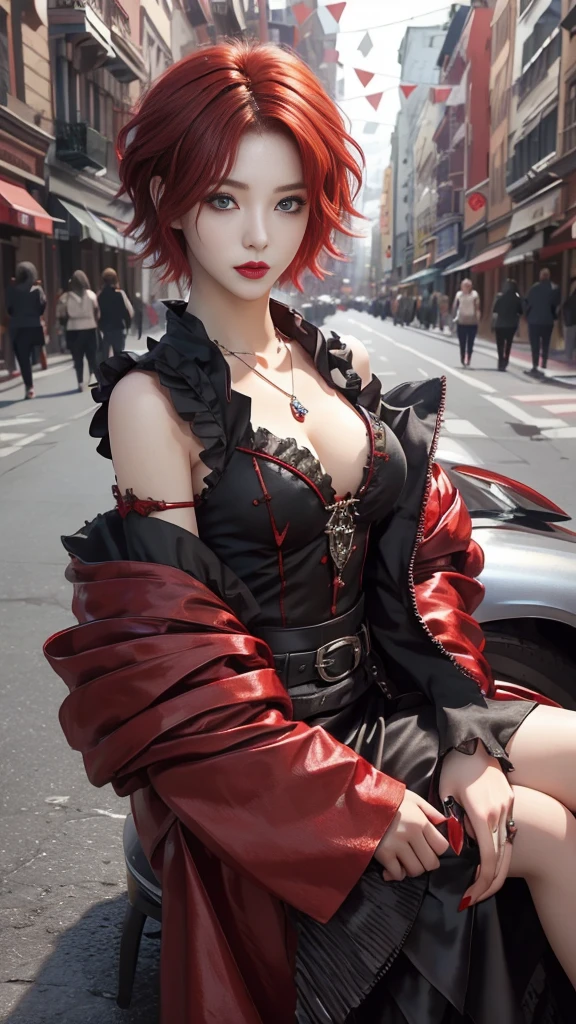 masterpiece, top-quality, ((1womanl)), different red color, finely eye and detailed face, intricate detailes, Casual black and red attire, window, A smile, Happiness, tenderness, high-level image quality、selfee, Beautuful Women、tall、a small face, D-cups, The upper part of the body、nightfall, nighttime scene、𝓡𝓸𝓶𝓪𝓷𝓽𝓲𝓬、Korea person, Idol Photos, Model photo, k pop, Professional Photos, Vampires, Korean fashion in black and red, Fedoman with necklace, inspired by Sim Sa-jeong, androgynous vampire, :9 detailed face: 8, extra detailed face, detailed punk hair, ((eyes are deialed)) baggy eyes, Seductive. Highly detailed, semi realistic anime, Vampires, hyperrealistic , Delicate androgynous princess, imvu, ((short hair woman)), red hair woman with wild look, ((Woman with short red hair)), ((1 persons)), sitting,