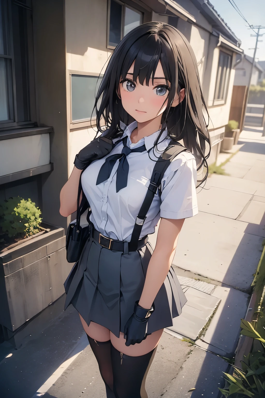high quality, masterpiece, Ultra-high resolution, (realism: 1.4), Oil painting style, Cinema Lighting, , I stood on the empty asphalt road and looked at it., And the suspenders with the cranes flying Large Breasts Small face holster Lying in bed Looking up Sweat belt summer 脇Sweat Black Hole Gloves suit mini skirt garterbelt Leg Links ズボンにbelt holster Hands behind your back Anxious expression Looking up Anxious face Knee-high Knee socks Knee-highソックス garterbelt garter ふとももにgarterbelt