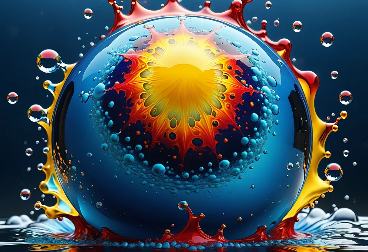 image of the surface of a blue ball with bubbles and red-yellow flames ,  Bubbling liquids, flames liquid fire, ferro liquid of arbitrary shape, ferro liquid oceans, Water particles, psychedelic droplets of Water, colorful ferro liquid armor, fractal!! Water, coated with ferro liquid. SLR camera