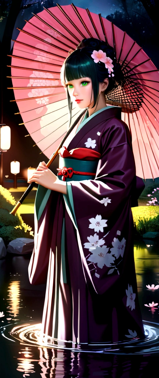 (best quality, highres, ultra-detailed, photorealistic), anime, dark-skinned geisha, green eyes, umbrella, fan, traditional Japanese costume, delicate makeup, intricate hairstyle, mysterious atmosphere, glowing lanterns, cherry blossom backdrop, dimly-lit garden, tranquil pond, flowing water, ethereal beauty