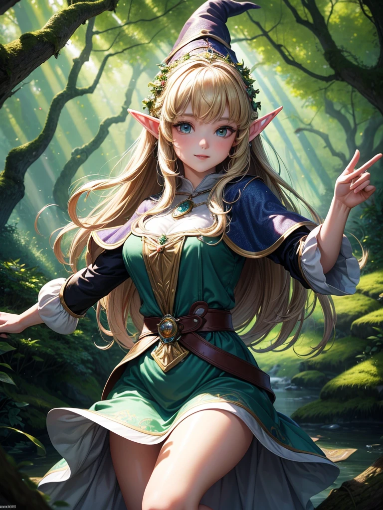 masterpiece, best quality, high resolution, an elf woman, forest background, uhd, blond hair, green_eyes, comsic bright glowing dress, kawacy, young, (fantasy 1.5) pigtails hair, 4k, dripping, dragon soar, rainbow, kodak, oil