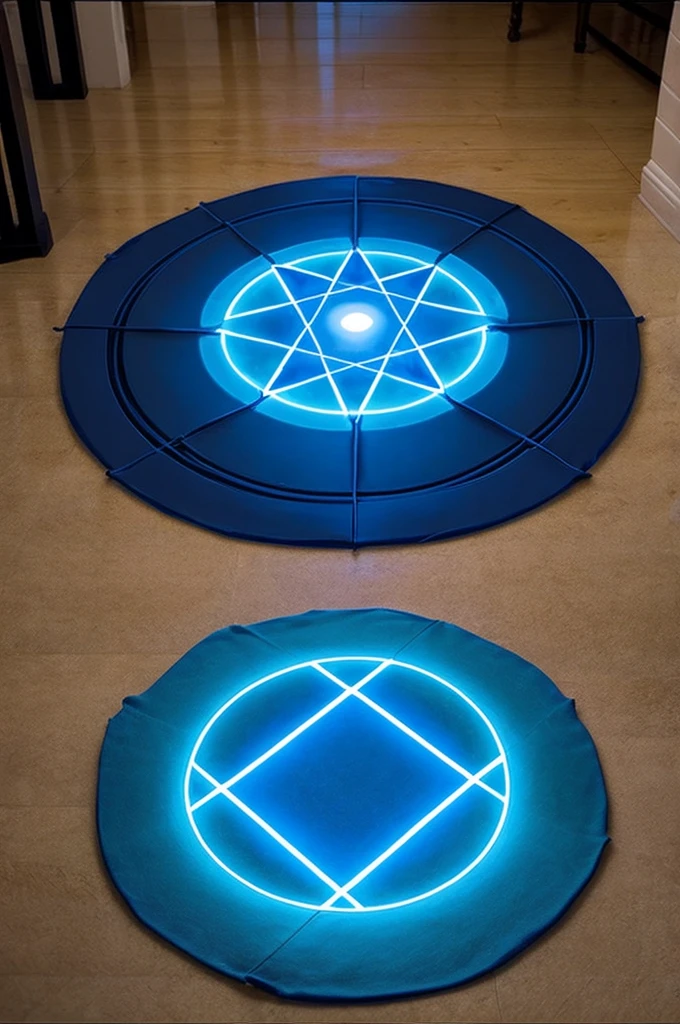 A glowing blue hexagram magic circle is drawn on the floor of the room.。A dim, foggy room。