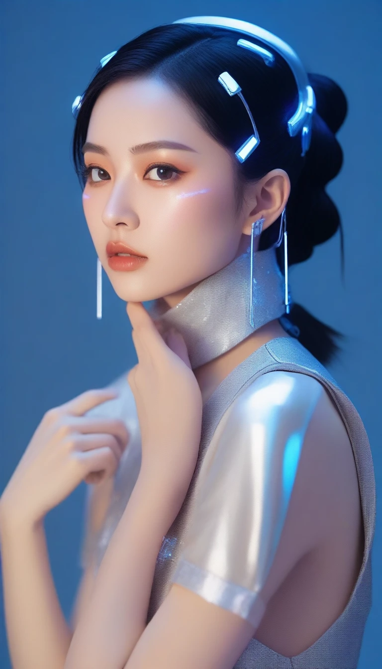Futuristic design background、Chanmina in cyberpunk fashion。Her hairstyle is flashy、Wearing metallic accessories。Holograms and advanced technology displays are projected all around.。