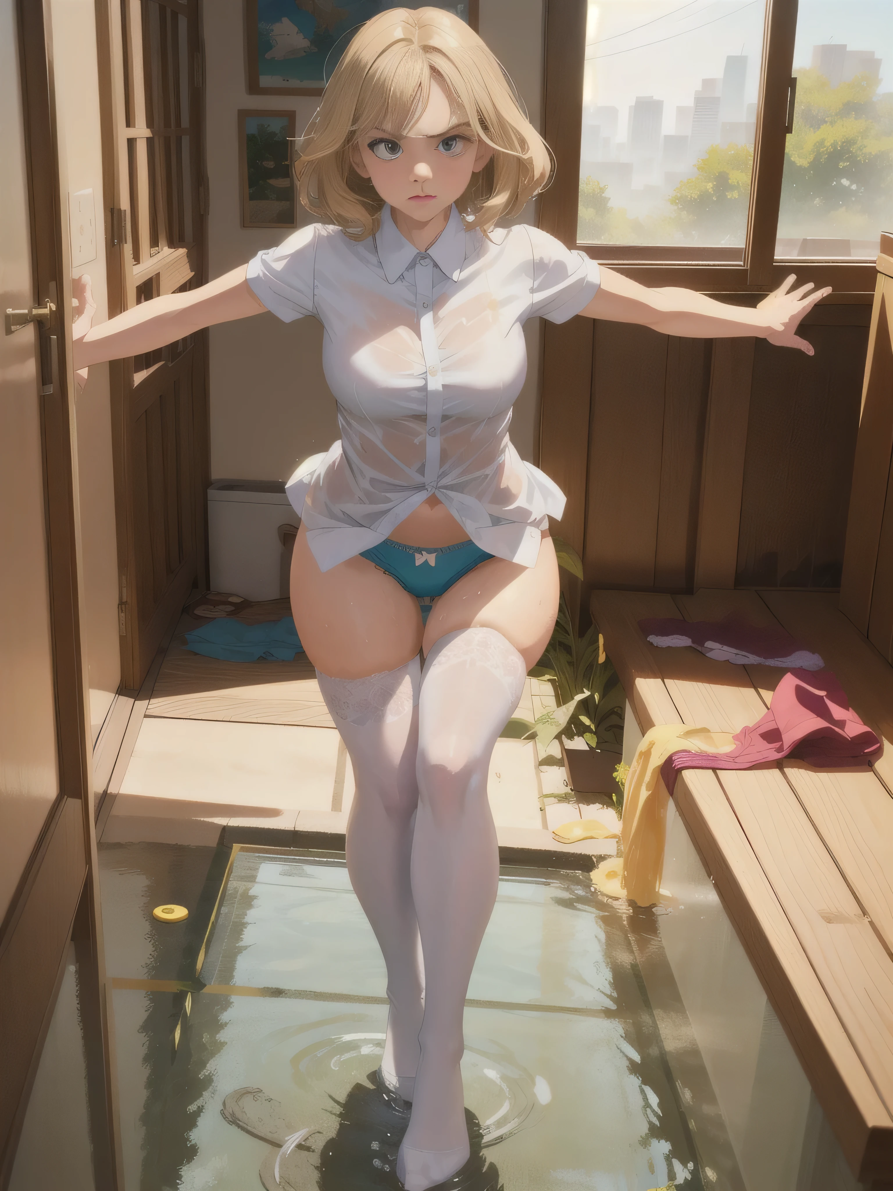 girl standing in a room with her arms crossed, angry face, sydney sweeney, realistic, beautiful, scenery, dynamic light, sharp focus, bright pupils, stockings, underwear, white shirt, illustration, peeing, pee leak, having an accident, full bladder, has to pee, peeing self, wetting self, pee on legs, soaked panties