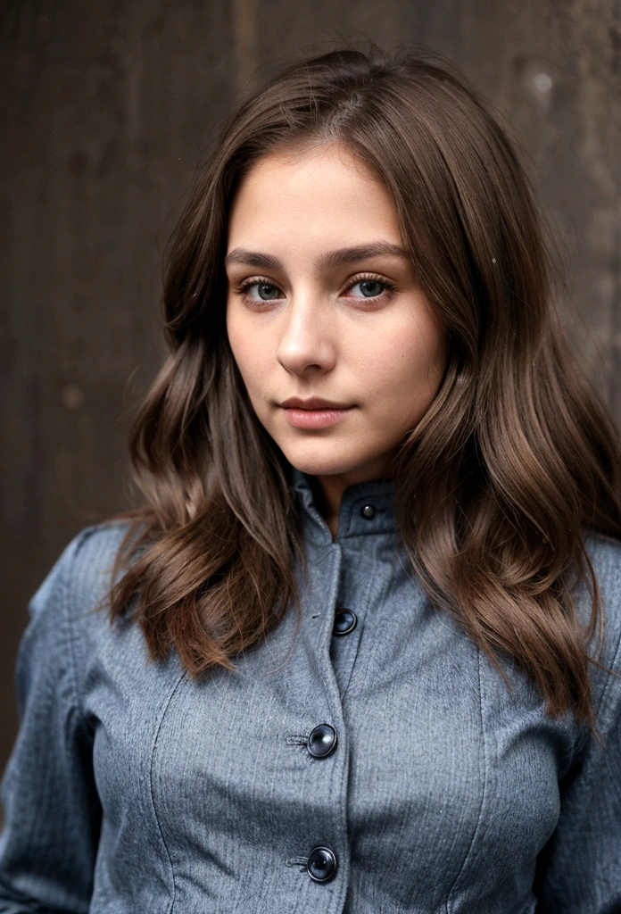 Young woman, dark blonde hair, brown eyes. She lives in 1899. Her jacket is blue brown.