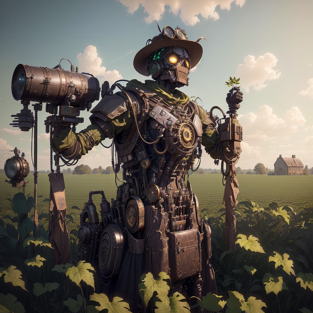 old scarecrow in a field of green plants with a sky background, mechanical , powerful male scarecrow, , inspired by Mike Winkelmann, digital steampunk art, greg rutkowski. octane render, steampunk automaton, fantasy style 8 k octane render, amazing octane render, intricate artwork. octane render, scarecrow, surrealism 8k, digital art render