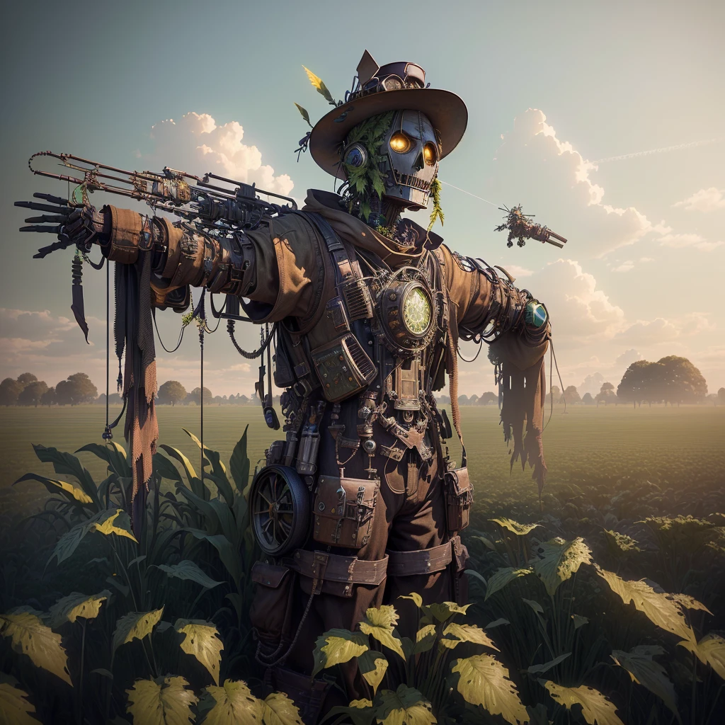 old scarecrow in a field of green plants with a sky background, mechanical , powerful male scarecrow, , inspired by Mike Winkelmann, digital steampunk art, greg rutkowski. octane render, steampunk automaton, fantasy style 8 k octane render, amazing octane render, intricate artwork. octane render, scarecrow, surrealism 8k, digital art render