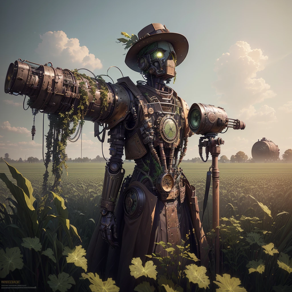 old scarecrow in a field of green plants with a sky background, mechanical , powerful male scarecrow, , inspired by Mike Winkelmann, digital steampunk art, greg rutkowski. octane render, steampunk automaton, fantasy style 8 k octane render, amazing octane render, intricate artwork. octane render, scarecrow, surrealism 8k, digital art render