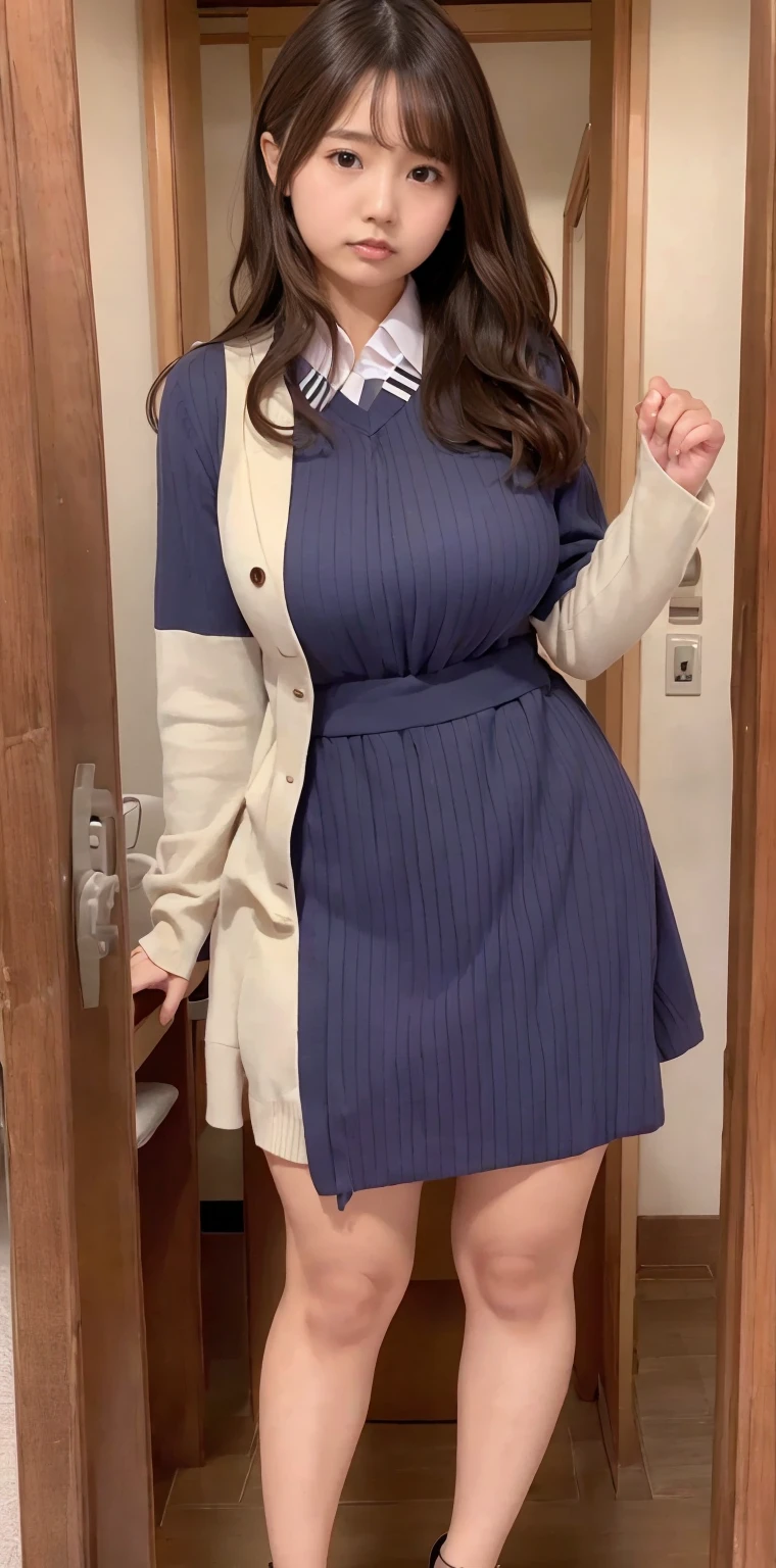 (Highest quality、Highest quality、Raw quality)、Japanese ID, Mature Woman, ((Chubby round face around 40 years old)), Wavy black hair with no bangs, Medium Long Hair, ponytail, Flashy makeup, Fuller lips, Sexy Gaze, uniform, ((dressing)), looking at the camera, Low angle shooting, Cute duck lips,((Very accurate and correct anatomy)), (masterpiece:1.3), Perfect proportions, Realistic photos, Full Shot, whole body, (height: 146cm), High heels
