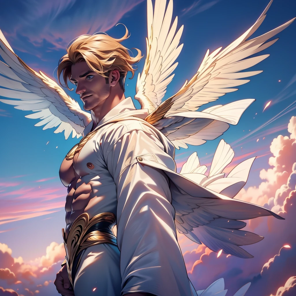 32k,masterpiece, best quality, detailed face, natural eyes,1man, solo  man, muscled and maturehen amell as an angel , wearing a see thru transparent robe with golden embroidery , wearing 2 very big angel's wings , showing muscles ,floating and flying in the sky with clouds ,  full body, intricate Detailed background at sunset