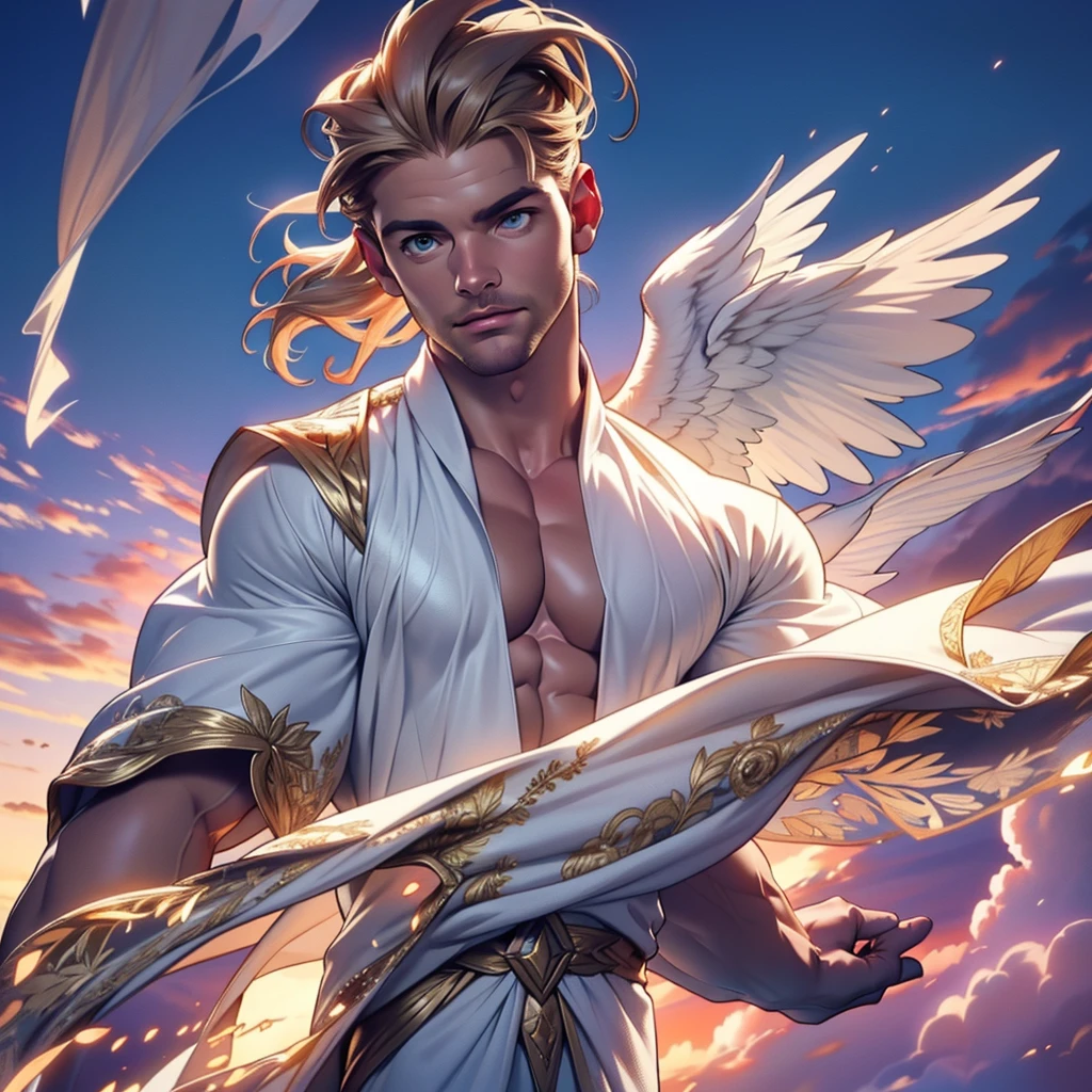 32k,masterpiece, best quality, detailed face, natural eyes,1man, solo mature man, muscled and mature, stephen amell as an angel , wearing a see thru transparent robe with golden embroidery , wearing 2 very big angel's wings , showing muscles ,floating and flying in the sky with clouds , full body, intricate Detailed background at sunset