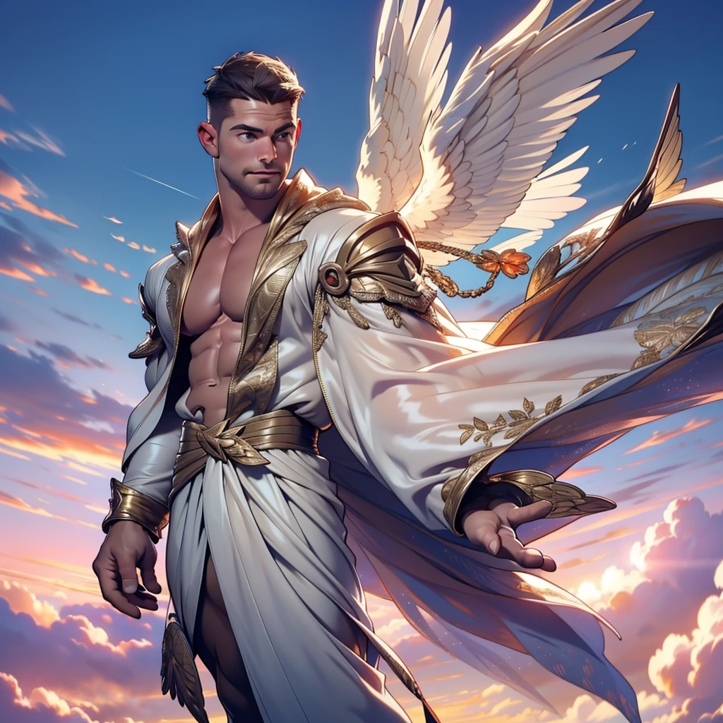 Gorgeous Male Fairy Man With White and Golden Wings, Flying Rose Petals, Wreath, Wide Angle Film, Twilight Lens, Soft Lighting, Dynamic Angle, Full Body, Bokeh --auto --s2