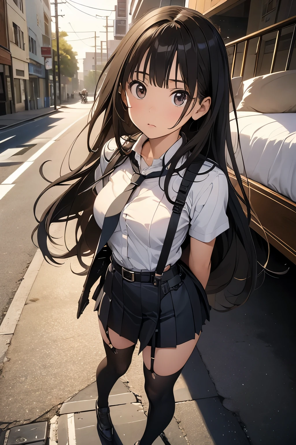 high quality, masterpiece, Ultra-high resolution, (realism: 1.4), Oil painting style, Cinema Lighting, , I stood on the empty asphalt road and looked at it., And the suspenders with the cranes flying　　Large Breasts　 　 　　　　Small face　 　　　holster　　　　　　　 Lying in bed　Looking up　　　　Sweat 　　　belt　summer　脇Sweat 　Black Hole Gloves　suit　　　　 mini skirt　garterbelt　Leg Links　ズボンにbelt　　holster　 　　Hands behind your back　 Anxious expression　Looking up　Anxious face　Knee-high　Knee socks　Knee-highソックス garterbelt　garter　ふとももにgarterbelt