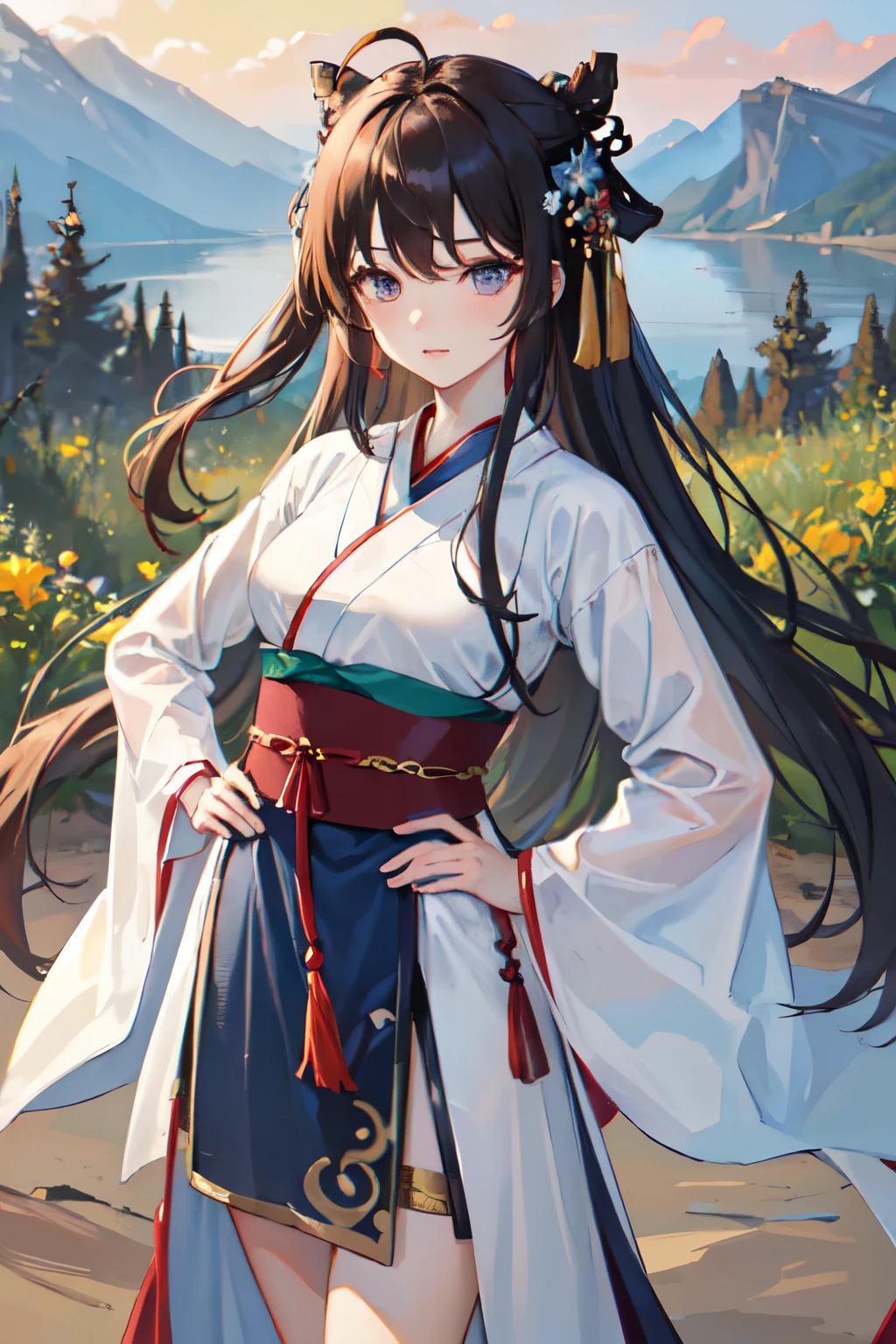 (masterpiece:1.5),(Highest quality:1.5),(Super detailed:1.5),figure,Cowboy Shot,One girl,alone,(building),Perfect Face,Shiny skin,Long Hair,Beautiful attention to detail,Beautiful, flowing hair,(ru_Kun:1.5),(Hanfu:1.5),Chinese clothing, White Dress,White knee socks, (bloom),Lighting, Ray Tracing,Outdoor,  Mountain々, nature,hair ornaments, Hair Ribbon,Hands on hips,View your viewers,Ahoge,Large Breasts, (The depth of the written world:1.5),hair ornaments, forest,Barefoot sandals