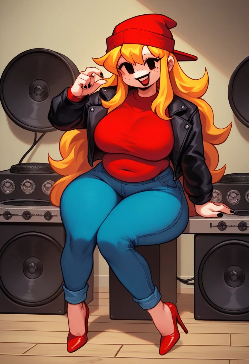 score_9, score_8_up, score_7_up, solo, 1girl, girlfriend \(friday night funkin'\), smile, sitting on speakers, red footwear, high heels, black eyes HypnoLullabyGF, Red beanie hat, solo, blonde hair, jacket, red headwear, Blue jeans, smile, red shirt, black eyes, open mouth, black jacket, ((large breasts)), very long hair , full body, ((Chubby hips)), Black lipstick, freckles