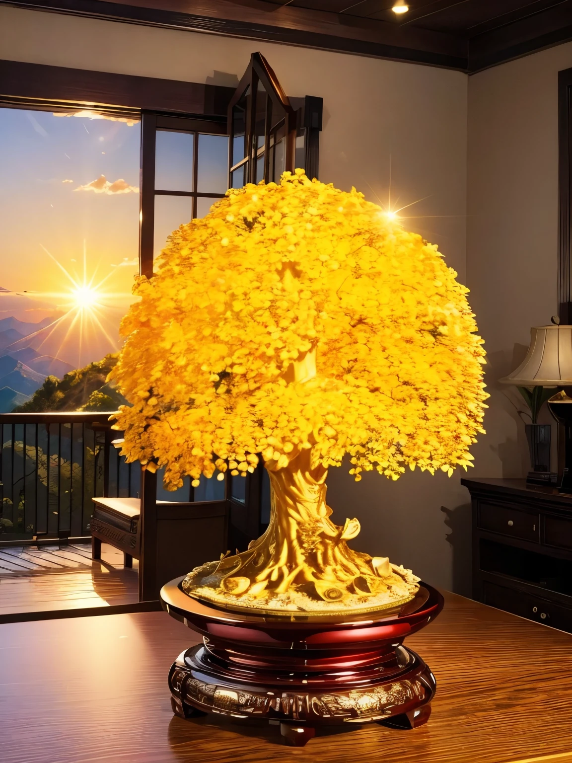 (masterpiece, Highest quality:1.2), Money tree on the mountaintop,The sun shines on the money tree( ((sunset))),Bright Warm( ((充满阳光元素的masterpiece)))((Highest quality)), ((Intricate details))(8K)