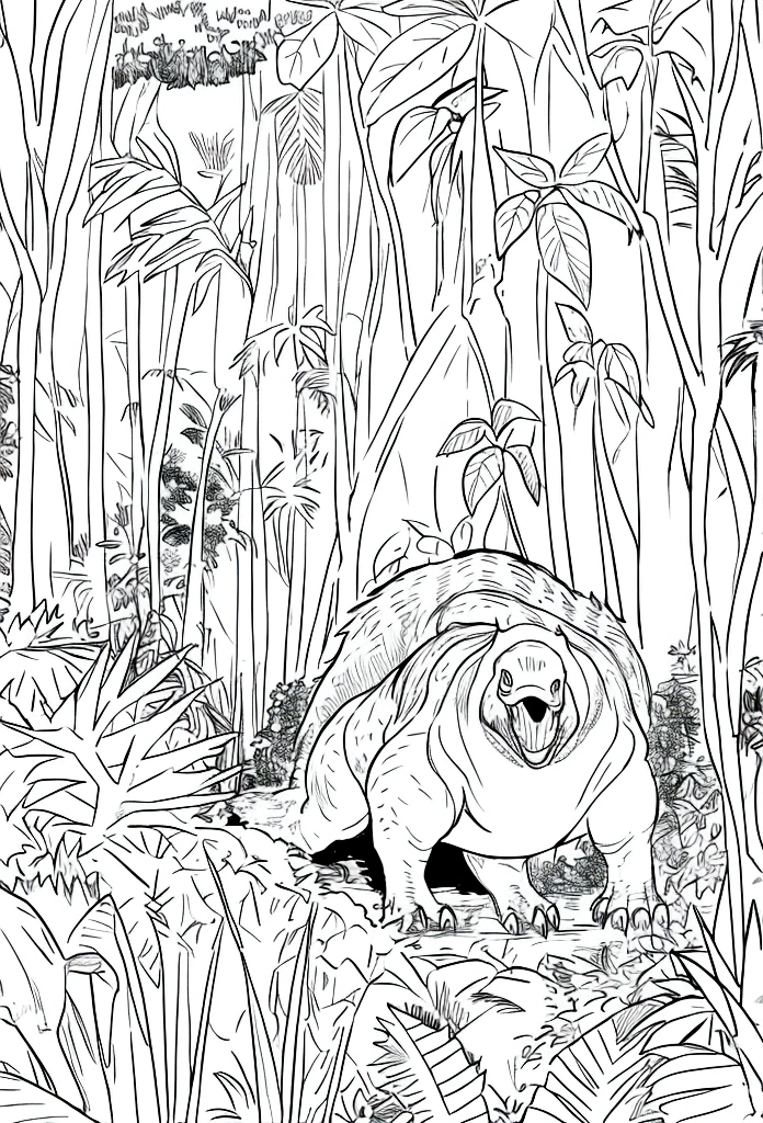 colour the mighty t-rex as it roams through a dense jungle full of ferns and trees