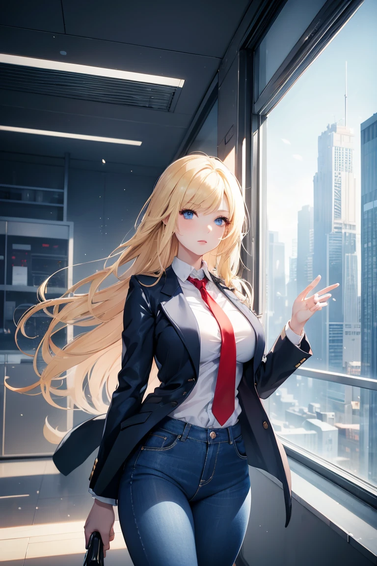 One Girl , office wear , Beautiful jacket , Mini tight jeans , Red tie , Girl in office , outside the window view of futuristic city , Lush breasts , Blonde hair , Blue eyes , On the move , Correct anatomy , Chic Quality , Bright colours , Velecolebdny picture , Friendly.