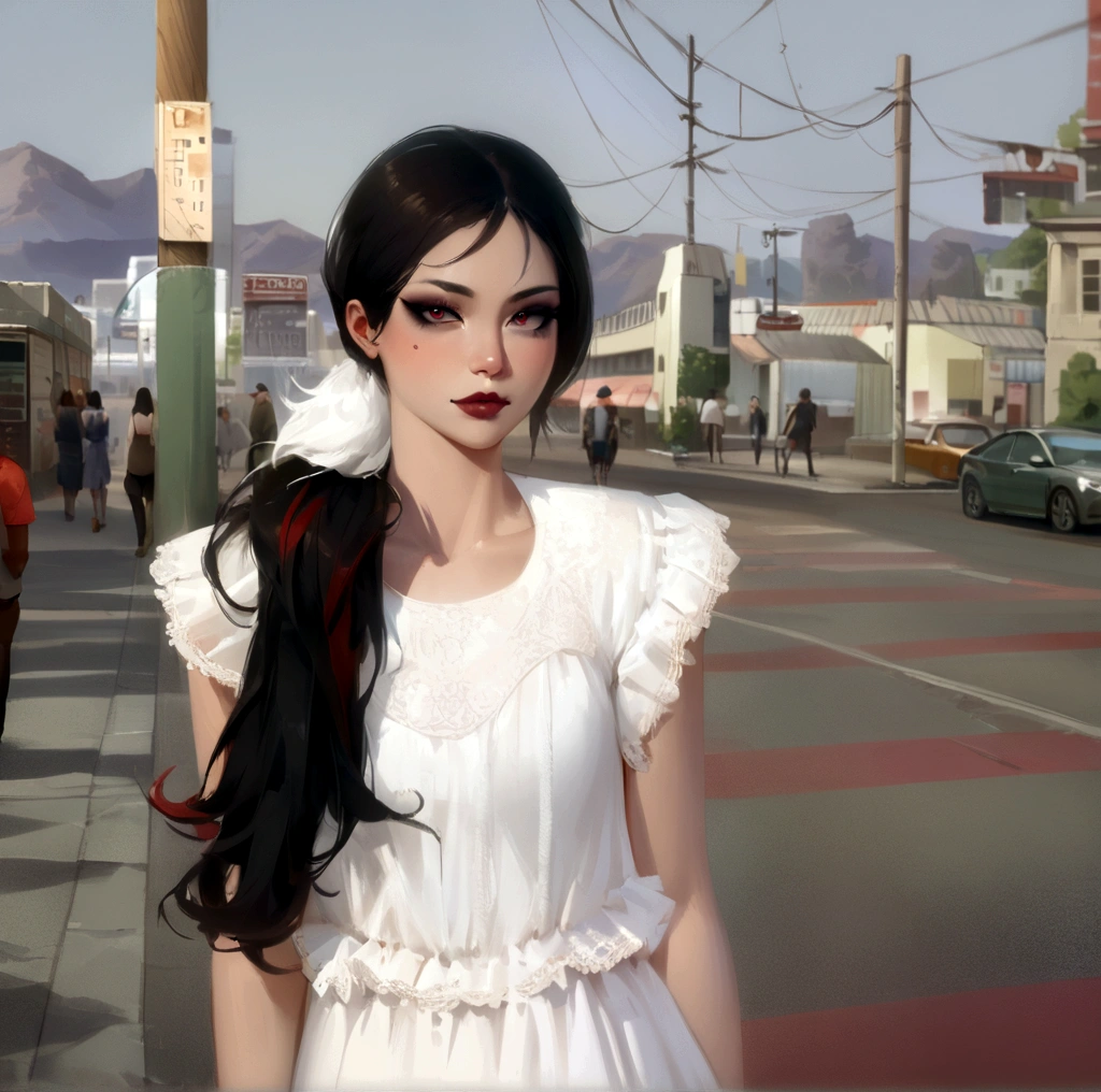 beautiful girl, Half-length portrait, Short messy bright red hair, Black eyeshadow, (Street Style Clothing:1.2), (City background:1.2), Dark Makeup, The art of math, Popular on ArtStation, highly detailed, Fine details, complex,  beautiful detailed glow, detailed, light, high resolution, detailed facial features,Clear focus, Smooth, Aesthetic,