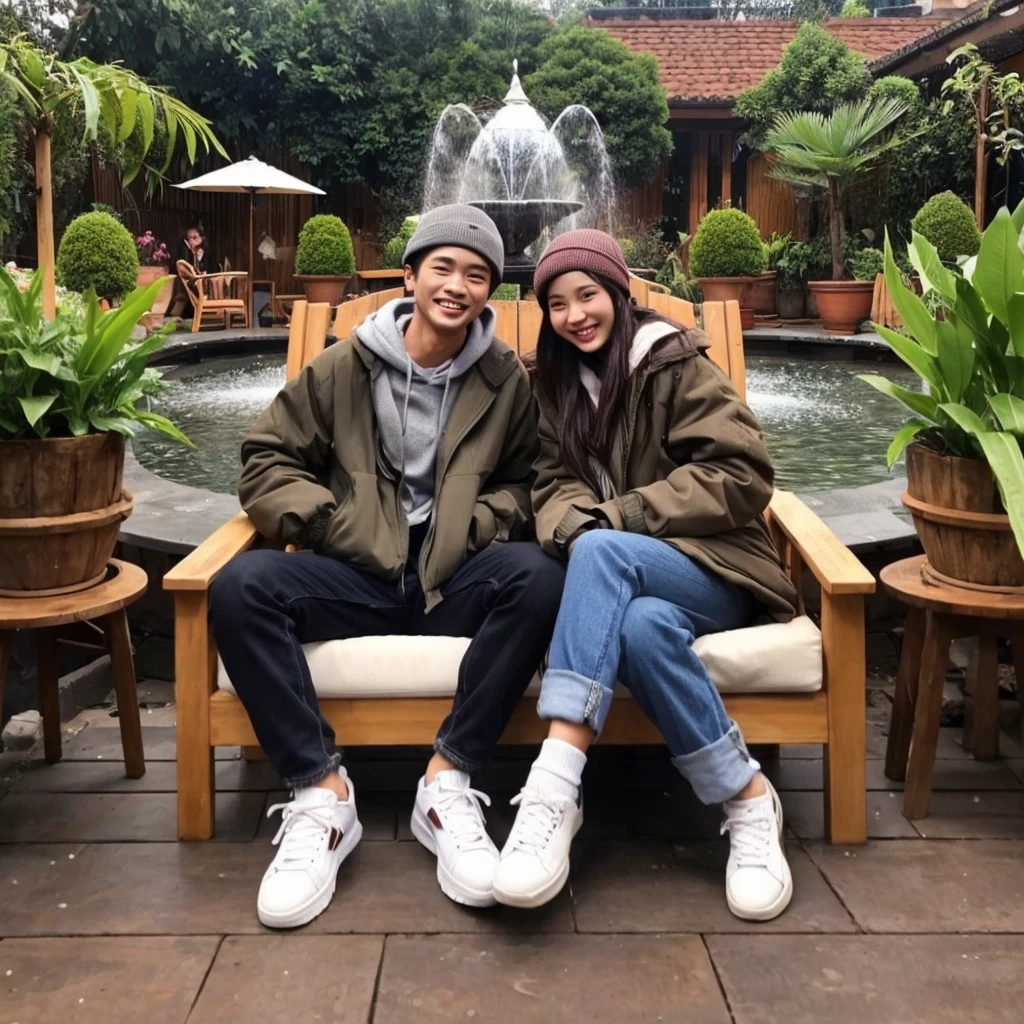 a pair of Indonesian lovers with the man having an energetic body with short hair and the woman having long hair,wearing a thick jacket with white shoes and also wearing a beanie hat,sitting romantically on a garden chair,around it plants ,water fountain,smiling expression facing the camera,best photo,high quality,Photo taken from a long distance