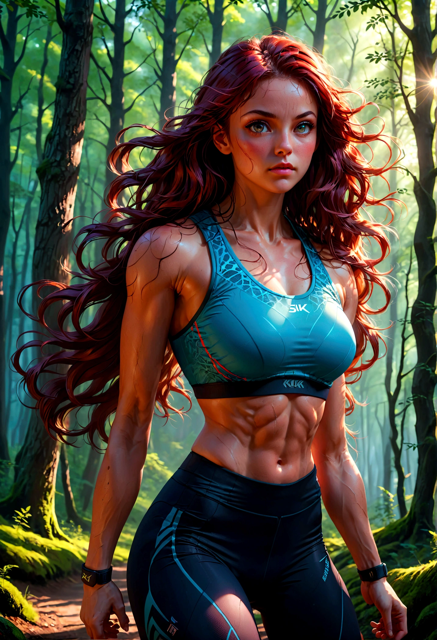 1girl, Athlete, a muscular athletic girl, dynamic athletic pose, athletic wear, detailed facial features, long hair flowing, outdoor forest nature background, dramatic lighting, cinematic composition, 8k, highest quality, intricate details, vibrant colors, masterpiece, best quality, very aesthetic, absurdres