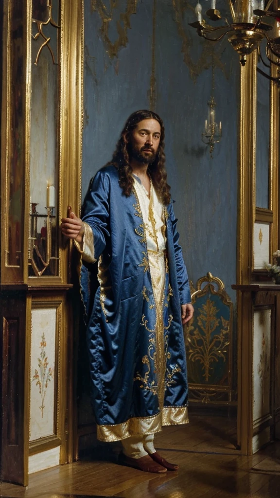 A painting of Jesus with his hands in front of him by Jan van Eyck. With beautiful silk, cotton robes of blue and white with golden embroidery 
