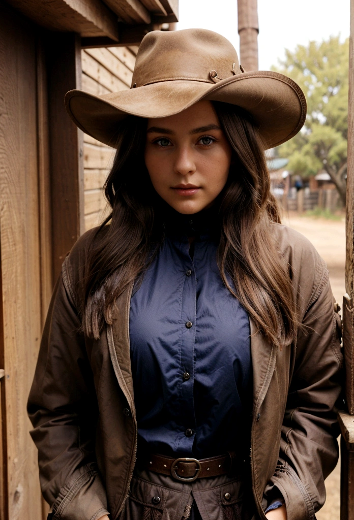 Young woman, dark blonde hair, brown eyes. She lives in 1899. Her jacket is blue brown. She lives in the Wild West