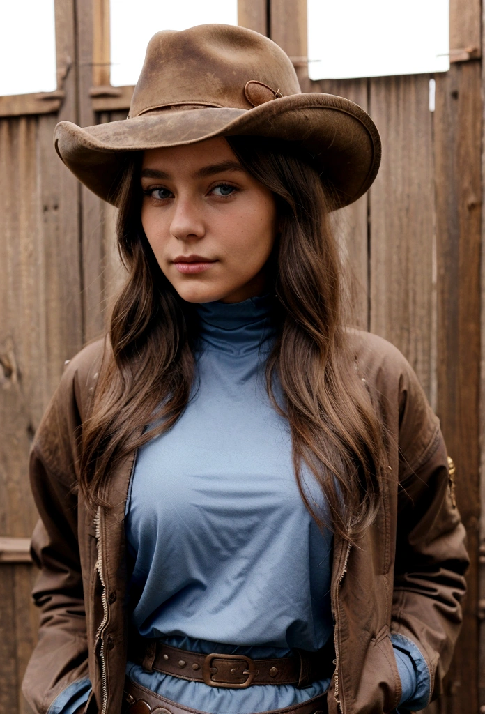 Young woman, dark blonde hair, brown eyes. She lives in 1899. Her jacket is blue brown. She lives in the Wild West