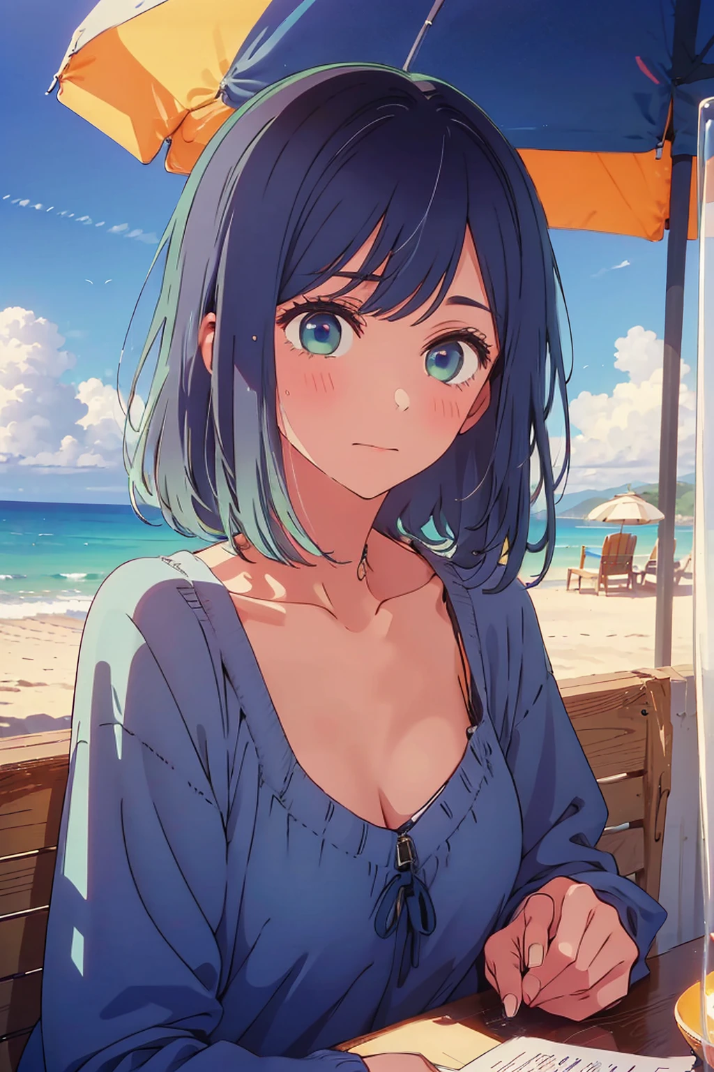 (Highest quality:1.4、masterpiece:1.4、Super detailed:1.4、8K:1.4)、((((1 person、Surprised expression、sit、Outdoor café terrace、coastal、juice、table、Sandy Beach、juiceのグラスを持つ、Big eyes、Plain Bikini、The depth of the written world、Very saggy、Very cute face))))、F cup bust、Medium breast