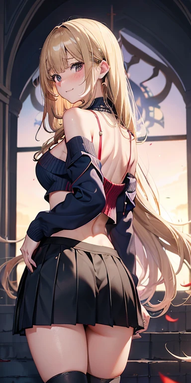 Adult female, Sexy Witch Cosplay, Long dark blonde wavy hair、Off-the-shoulder knit, (Dark blue pleated skirt), Medium Milk, Blushing, Embarrassed laugh, Bare shoulders、(Pose to lean forward and emphasize the chest)、(looked back)、Sexy Hips、Sexy red underwear、Black high heels、Gorgeous magic wand and book、Church of the castle、Sexy pose、(((The skirt flips up in the wind)))、((I can see your butt))、((Embarrassed expression))
