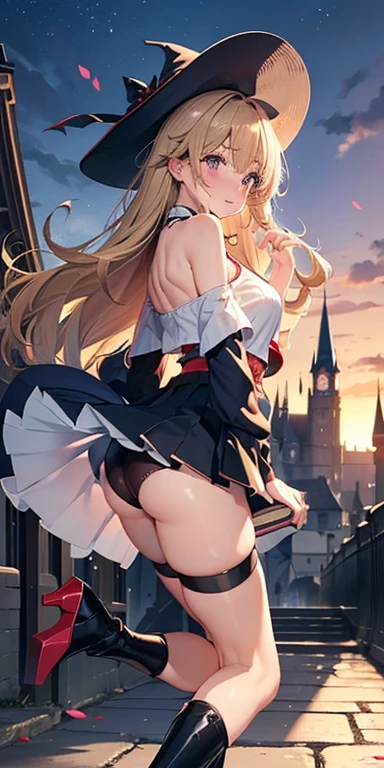 Adult female, Sexy Witch Cosplay, Long dark blonde wavy hair、Off-the-shoulder knit, (Dark blue pleated skirt), Medium Milk, Blushing, Embarrassed laugh, Bare shoulders、(Pose to lean forward and emphasize the chest)、(looked back)、Sexy Hips、Sexy red underwear、Black high heels、Gorgeous magic wand and book、Church of the castle、Sexy pose、(((The skirt flips up in the wind)))、((I can see your butt))、((Embarrassed expression))