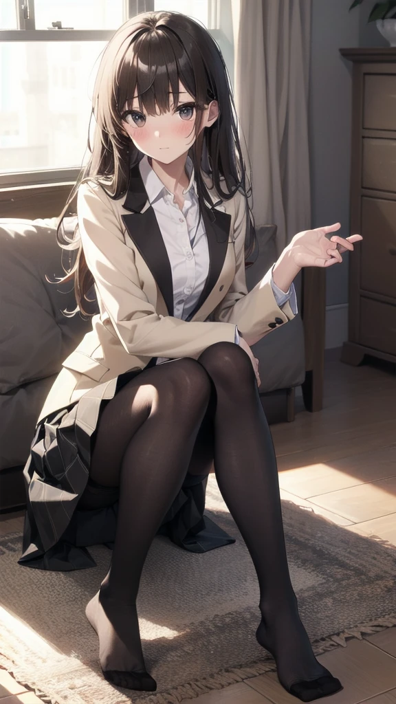 Top quality, masterpiece, High resolution, (Head to toe full body), front, frontやや下からの構図, Symmetric, Tall 18 year old girl, alone, (Head to toe), (Small breasts), Unkempt brown hair, bangs, (black tights), (Black Pantyhose), (Sit with your legs apart), (Crouching pose), (A composition showing white panties), (Her legs were spread、I see your white pants.), (I was made to sit on the floor with my legs spread..), (M-shaped legs), Thin legs, A very beautiful and tall 18 year old girl, (No shoes), blush, Shy big eyes, looking at the camera, Blazer Uniform, Checkered Pleated Skirt