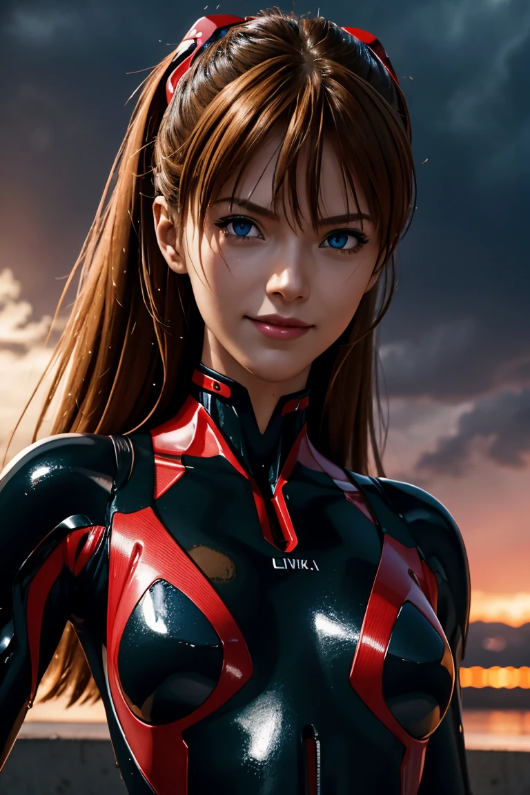 Evangelion,Asuka Langley,blue eyes,Plug Suit,Bodysuits,Interface Headset,赤いBodysuits,Ultra HD,super high quality,masterpiece,Digital SLR,Photorealistic,Detailed details,Vivid details,Depicted in detail,A detailed face,Detailed details,Super Detail,Realistic skin texture,Anatomical basis,Perfect Anatomy,Anatomically correct hand,Anatomically correct fingers,Complex 3D rendering,Sexy pose,Rainy Sky,Beautiful scenery,Fantastic rainy sky,Picturesque,Pink Lips,smile,