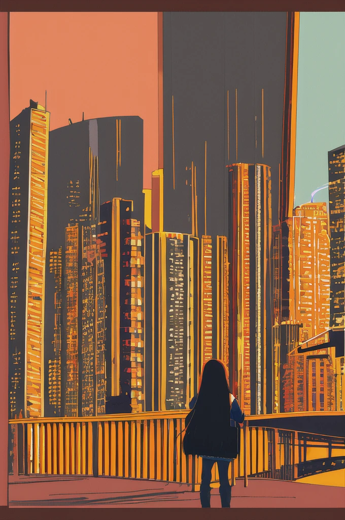 masterpiece, best quality, flat color, limited palette, low contrast,
(ligne claire),
1girl, long straight black hair, halo, backpack
looking away, standing.
smoke, night sky, city, sunset, sky scrapers, bridge, road signs,
depth of field, border,
black, red, orange, brown, autumn, haze