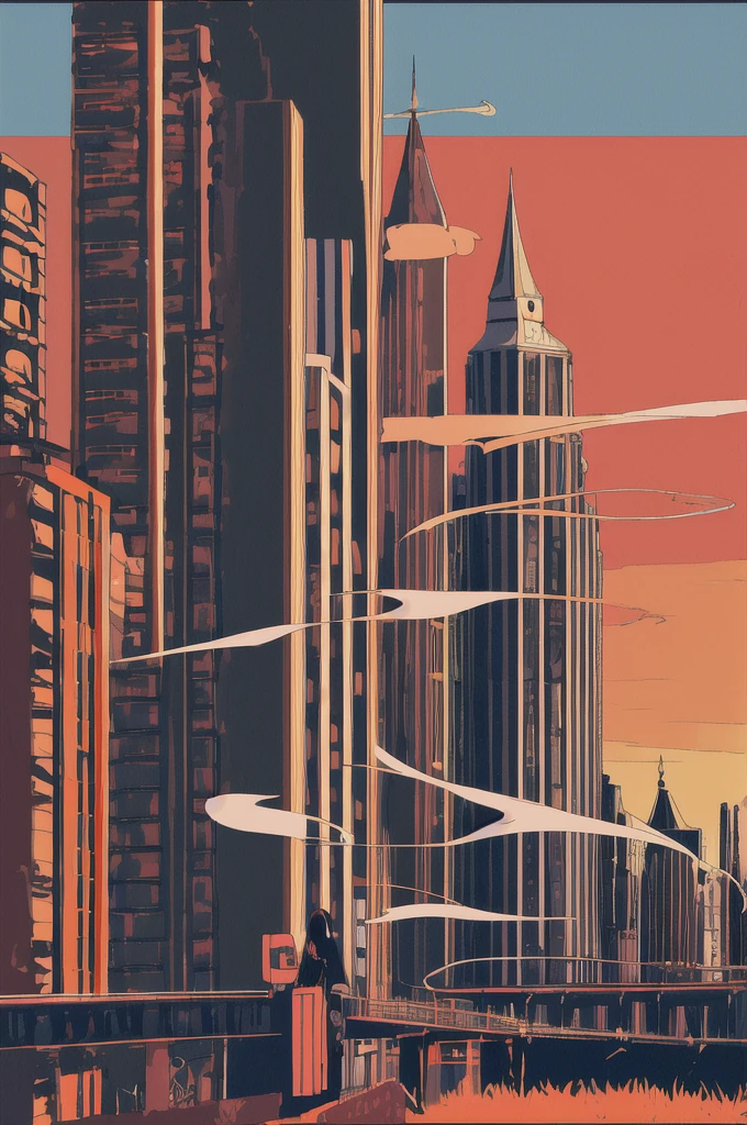 masterpiece, best quality, flat color, limited palette, low contrast,
(ligne claire),
1girl, long straight black hair, halo, backpack
looking away, standing.
smoke, night sky, city, sunset, sky scrapers, bridge, road signs,
depth of field, border,
black, red, orange, brown, autumn, haze